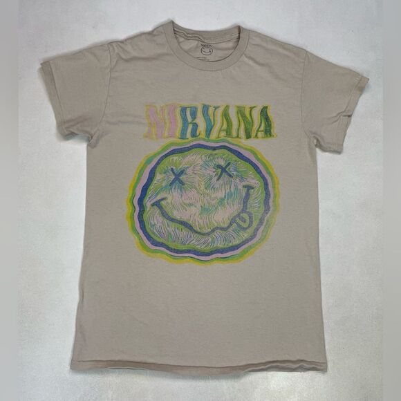 Nirvana Graphic Logo T-shirt Women Small Beige Short Sleeve Music - Picture 1 of 5